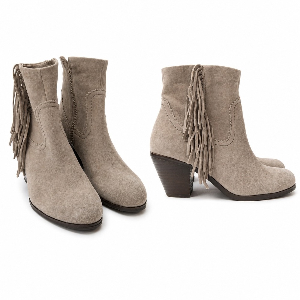 SAM EDELMAN "Louie" Fringe Ankle Booties Womens Sz 7 Gray Suede Fringe Trim GUC